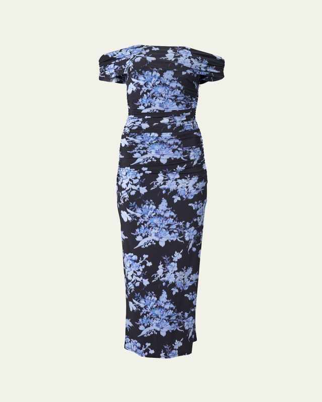Off-the-Shoulder Floral Gathered Body-Con Dress